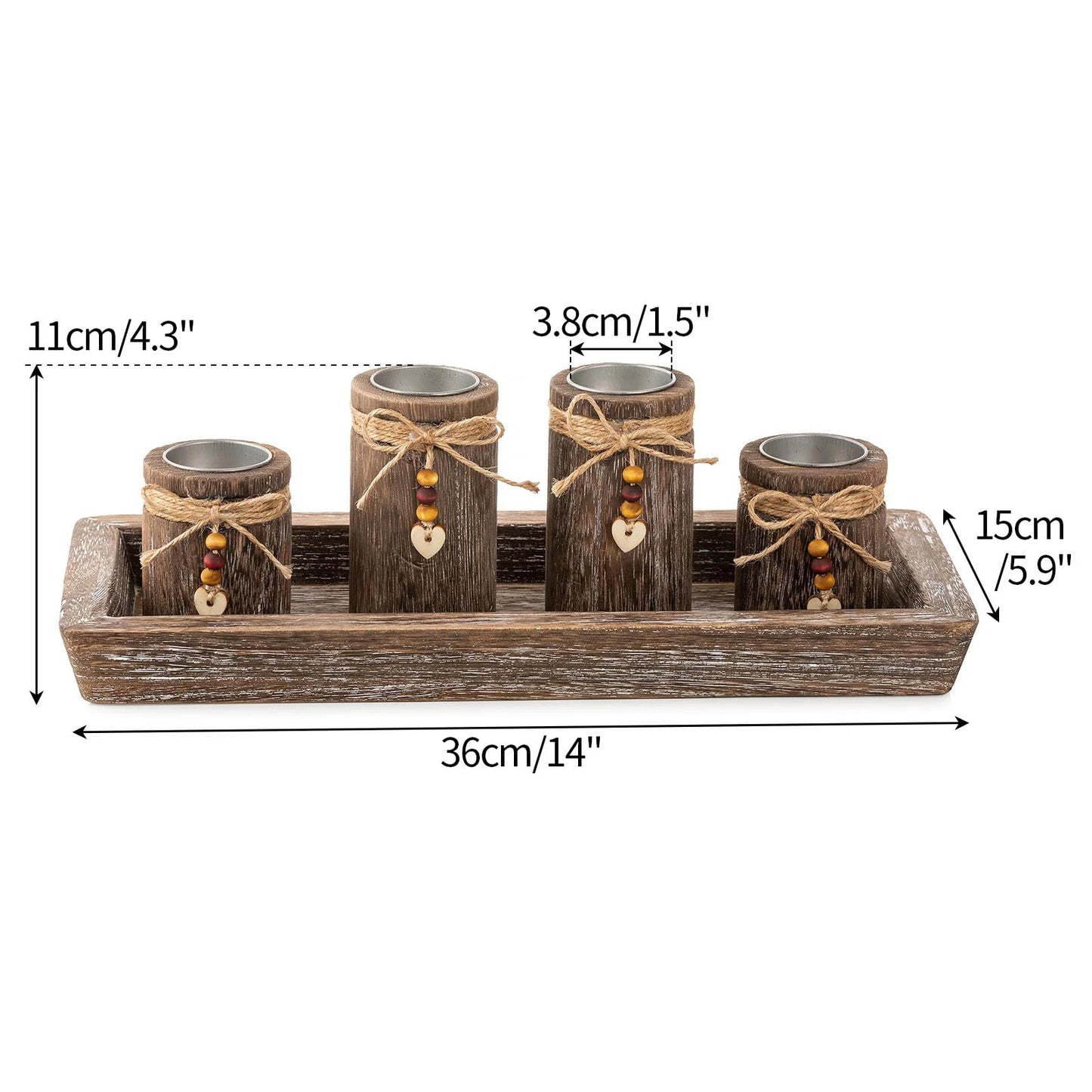 Nutshell boho wooden tray candle centerpiece with four rustic candle holders and decorative beads
