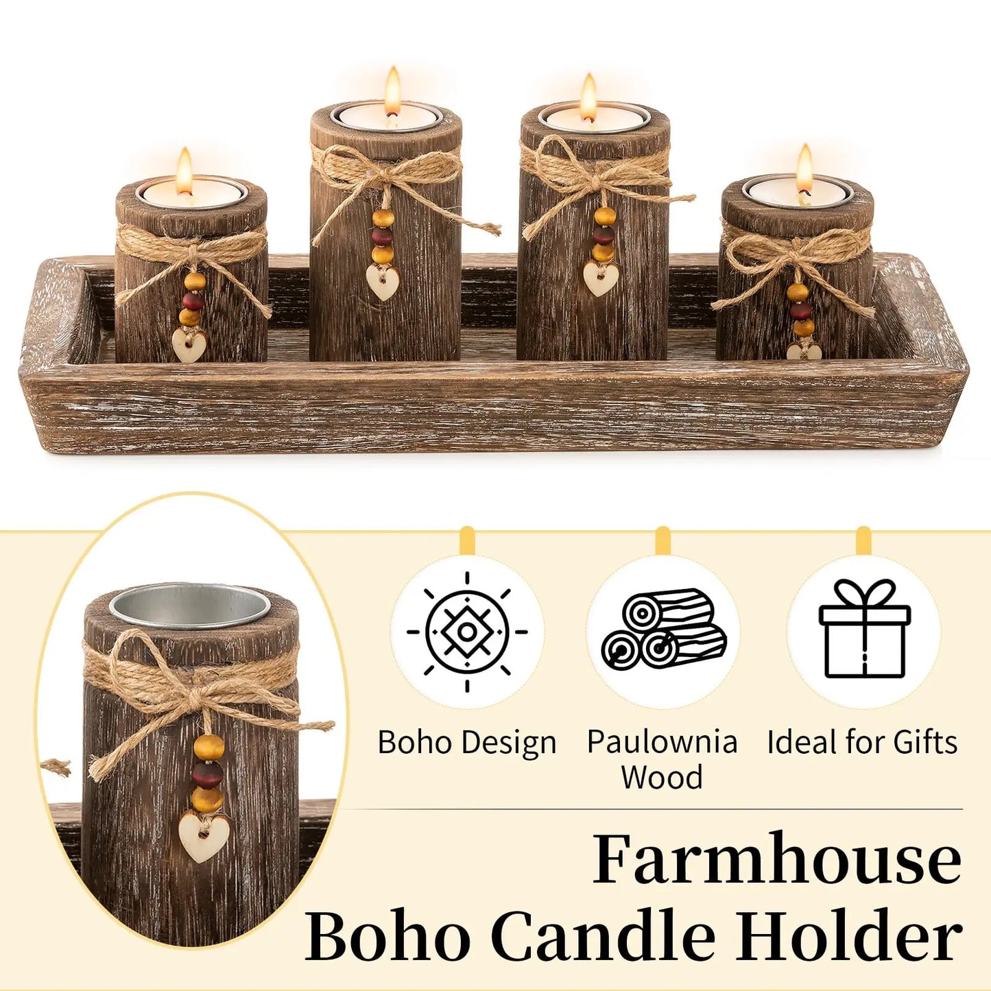 Nutshell boho wooden tray candle centerpiece with rustic farmhouse candle holders and wooden beads