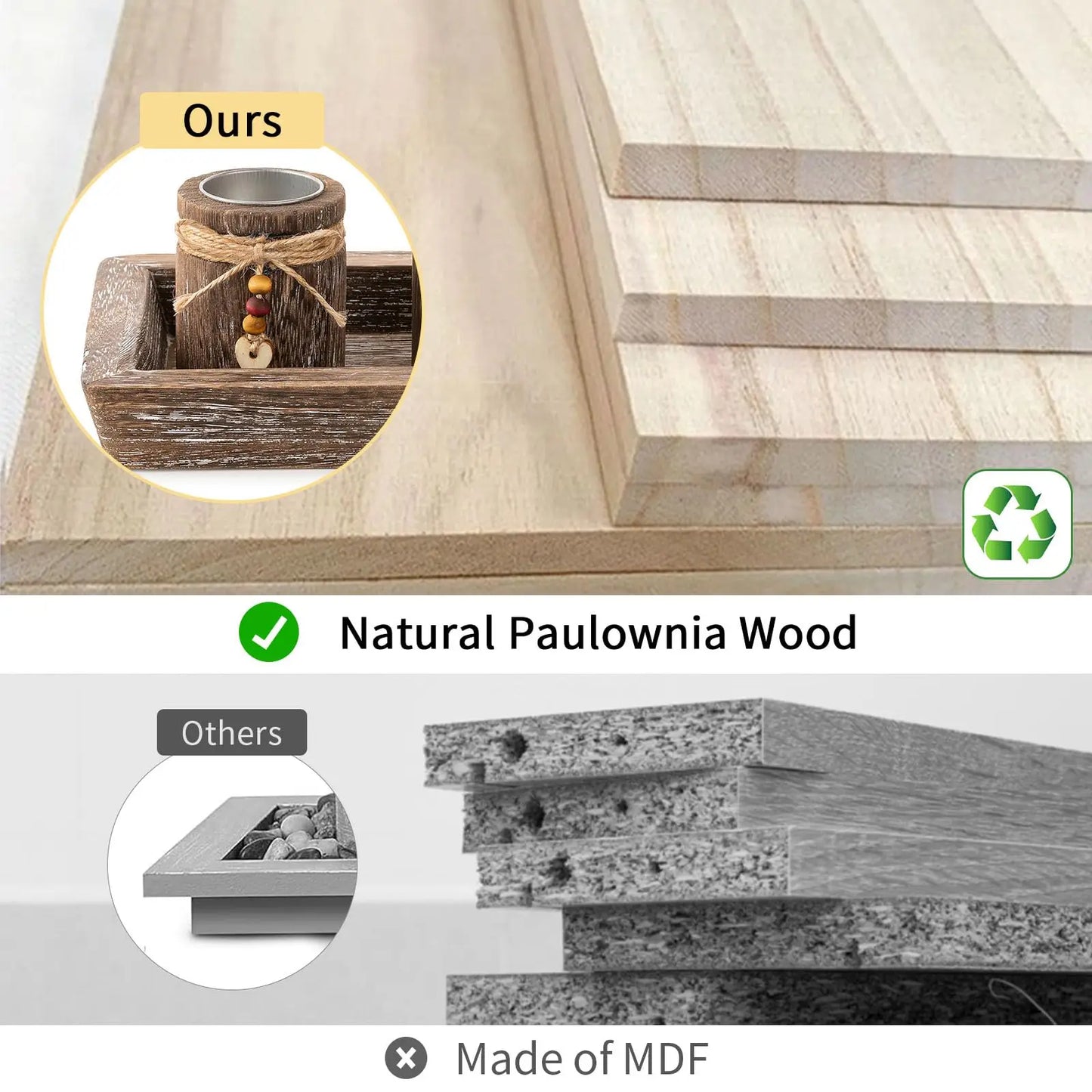 Boho wooden tray candle centerpiece made of natural Paulownia wood by Nutshell compared to MDF
