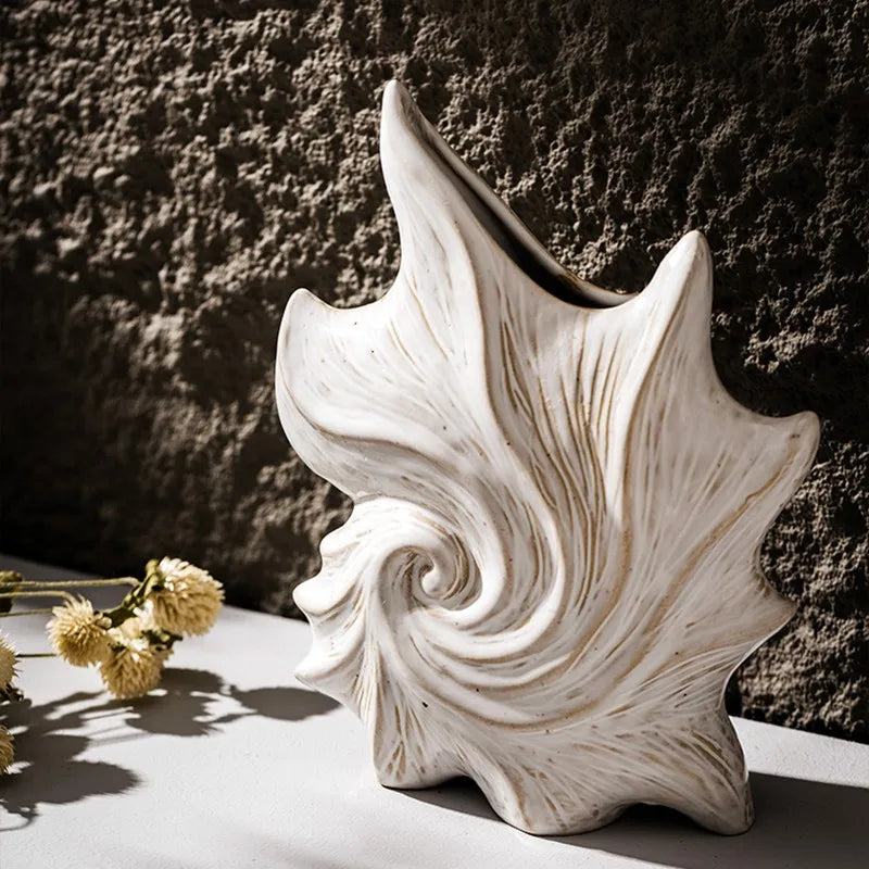 CAPIRON Ceramic Conch Vase by Nutshell in white with textured spiral shell design for home decor