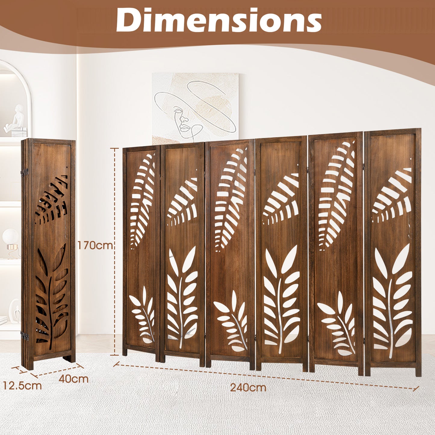 Nutshell carved leaf 6-Panel Partition in brown wood with dimensions shown for room divider use