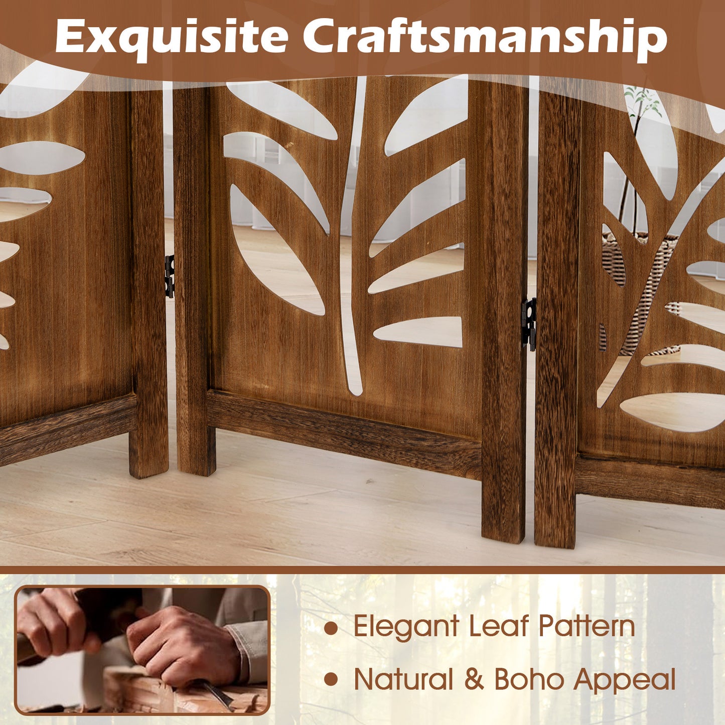 Nutshell carved leaf 6-Panel Partition featuring elegant leaf pattern with natural boho appeal