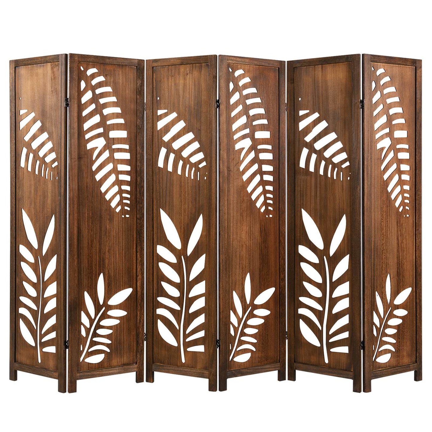 Nutshell carved leaf 6-Panel Partition made of dark wood with leaf cutout designs for room divider