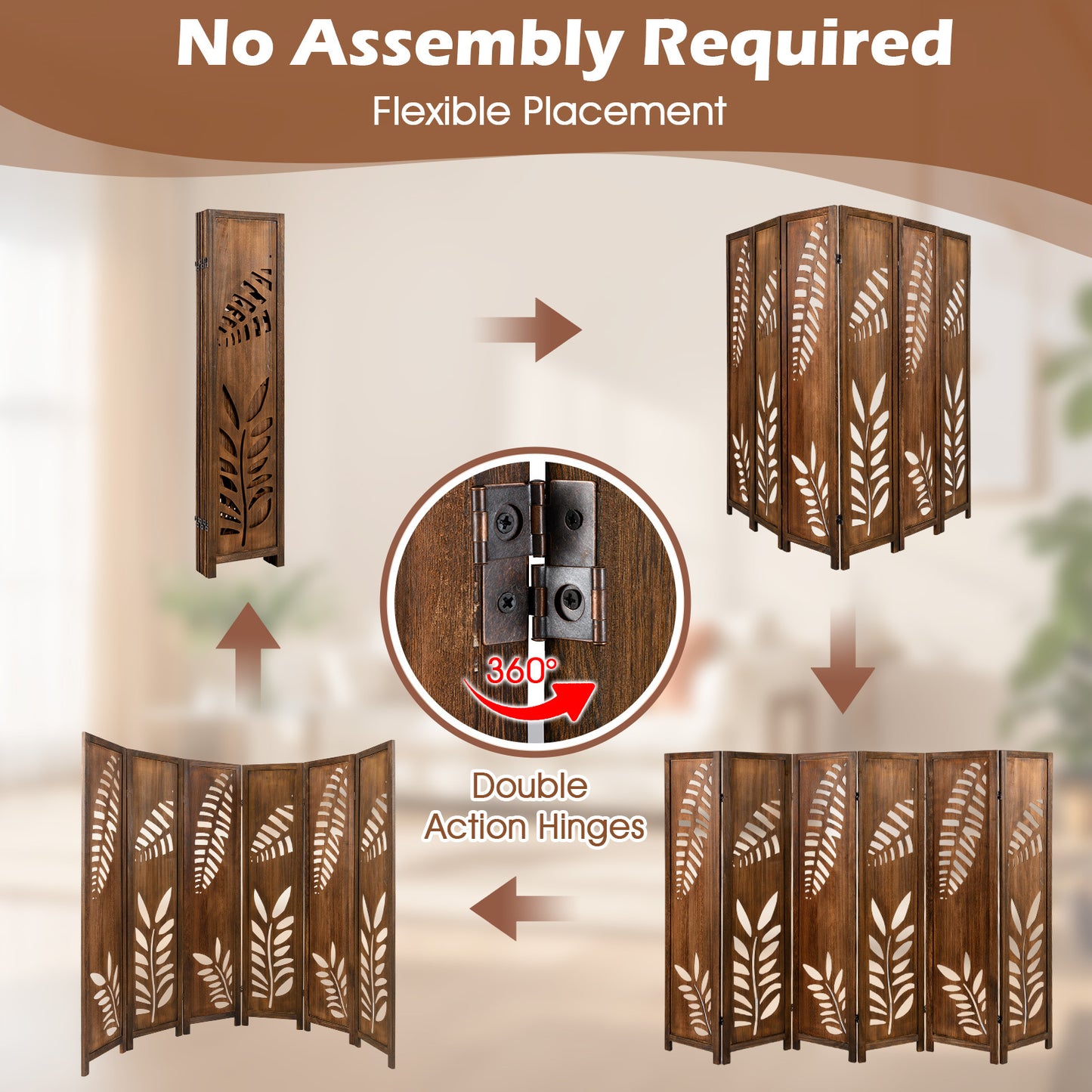 Nutshell carved leaf 6-Panel Partition showing flexible placement and double action hinges in dark wood finish