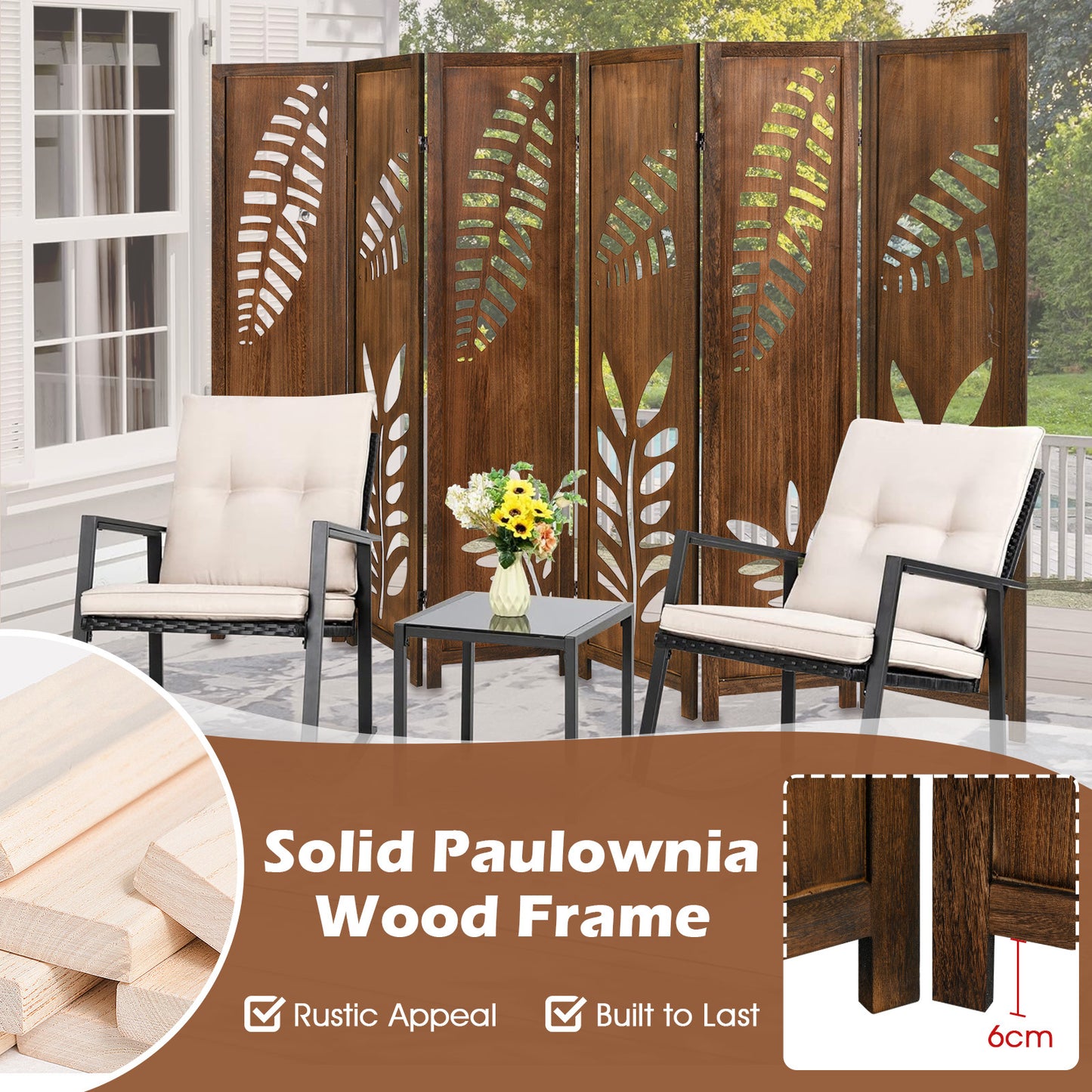 Nutshell carved leaf 6-Panel Partition with solid Paulownia wood frame in outdoor patio setting