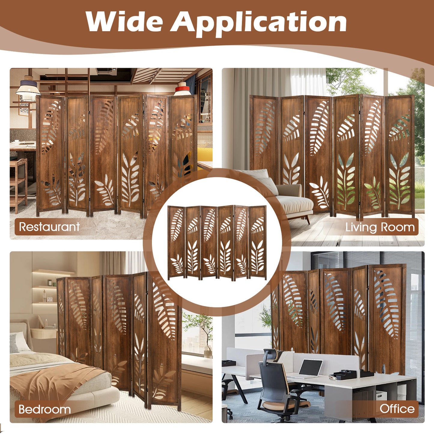 Nutshell carved leaf 6-Panel Partition in restaurant living room bedroom and office settings
