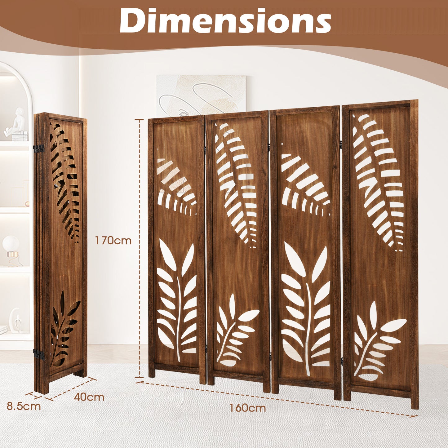 Nutshell carved leaf pattern room partition made of wood with four panels and detailed leaf cutouts