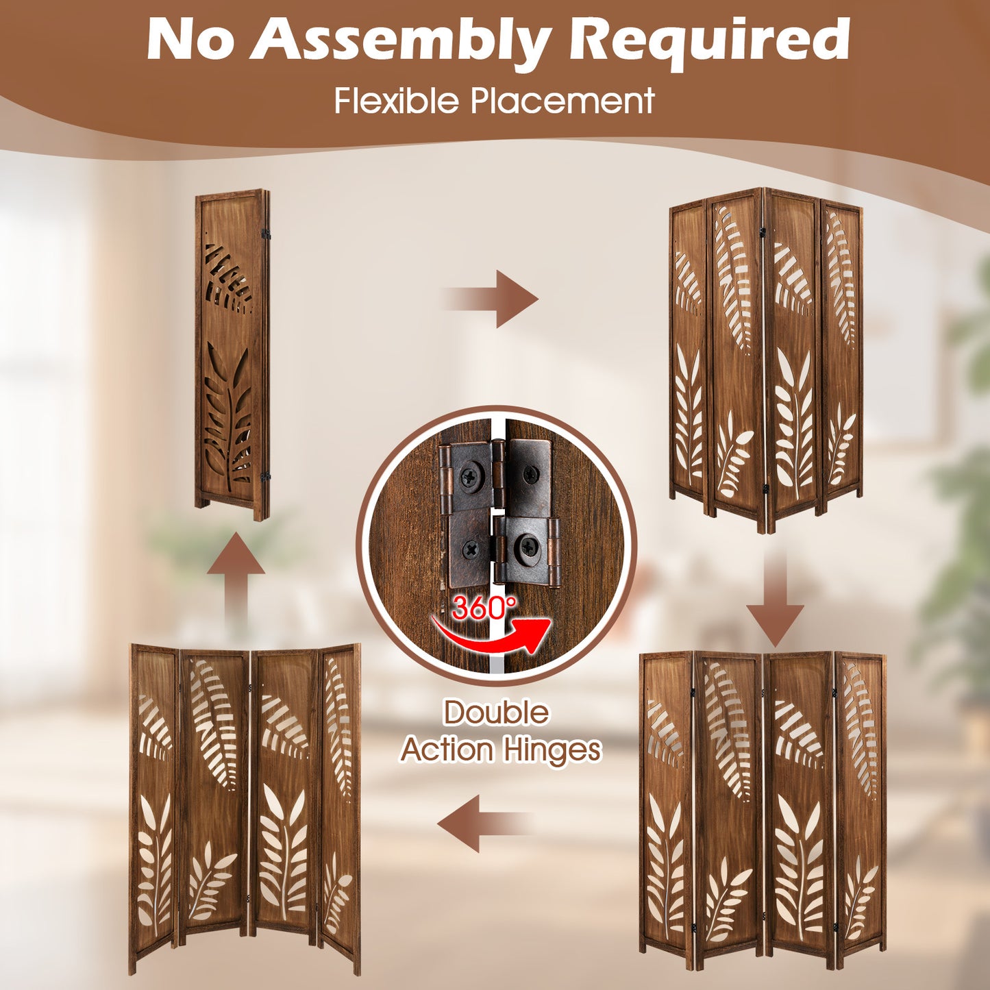 Nutshell carved leaf pattern room partition with no assembly required and flexible 360 degree double action hinges