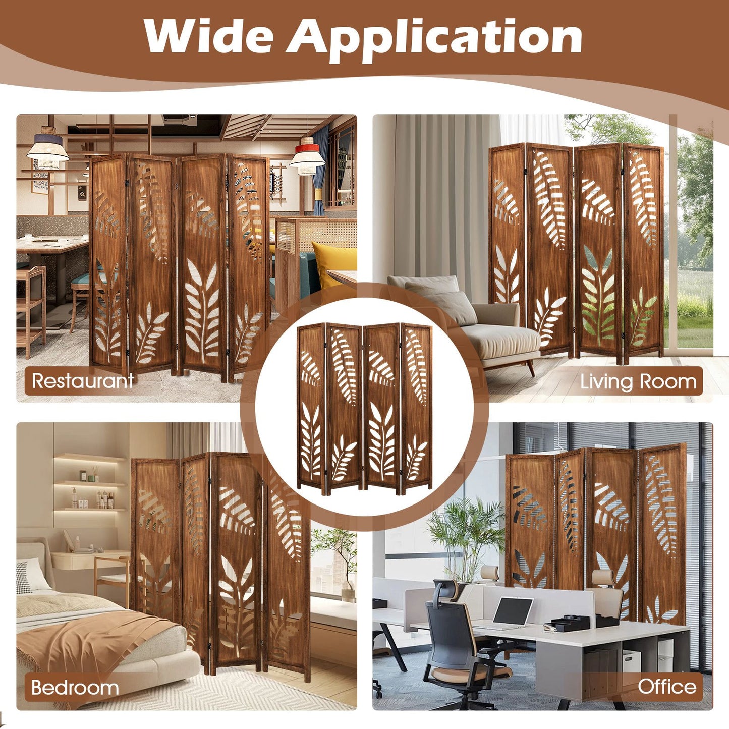 Nutshell carved leaf pattern room partition in wooden finish used in restaurant, living room, bedroom, and office spaces