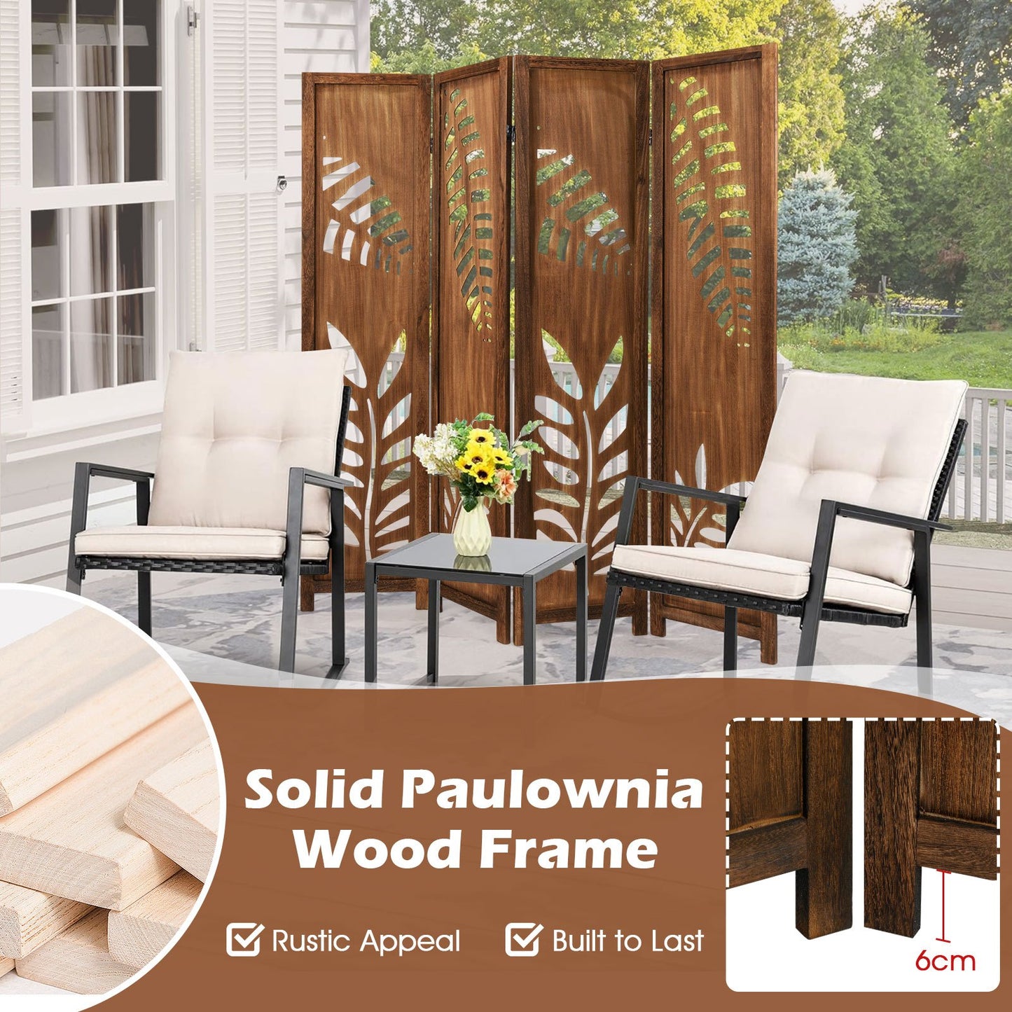 Nutshell carved leaf pattern room partition with solid paulownia wood frame and rustic appeal
