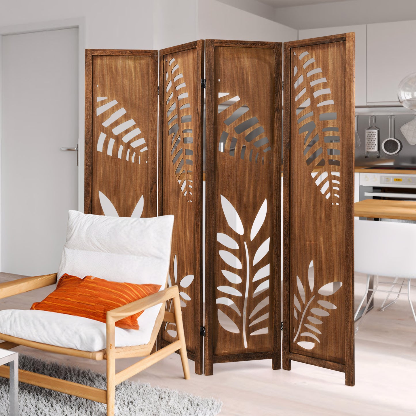 Nutshell carved leaf pattern room partition wooden folding screen in modern living space