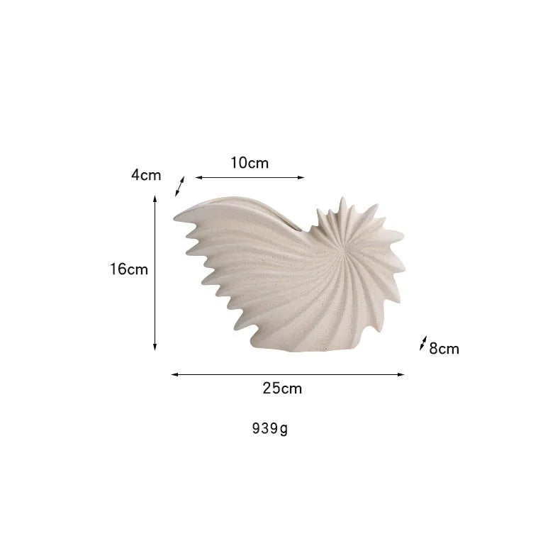 Nutshell ceramic conch design vase in beige with detailed spiral shape and size dimensions