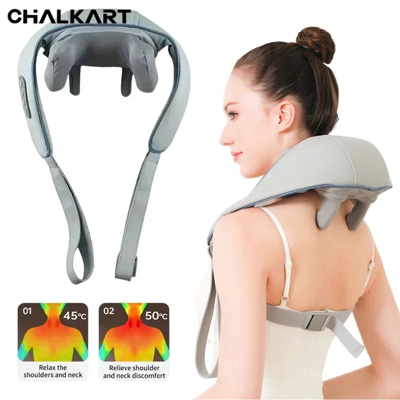 Nutshell 3D kneading neck massager with heat in gray worn over shoulders with adjustable straps and controls