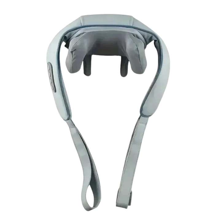 Nutshell 3D kneading neck massager with heat in gray ergonomic wrap design with dual straps and control buttons