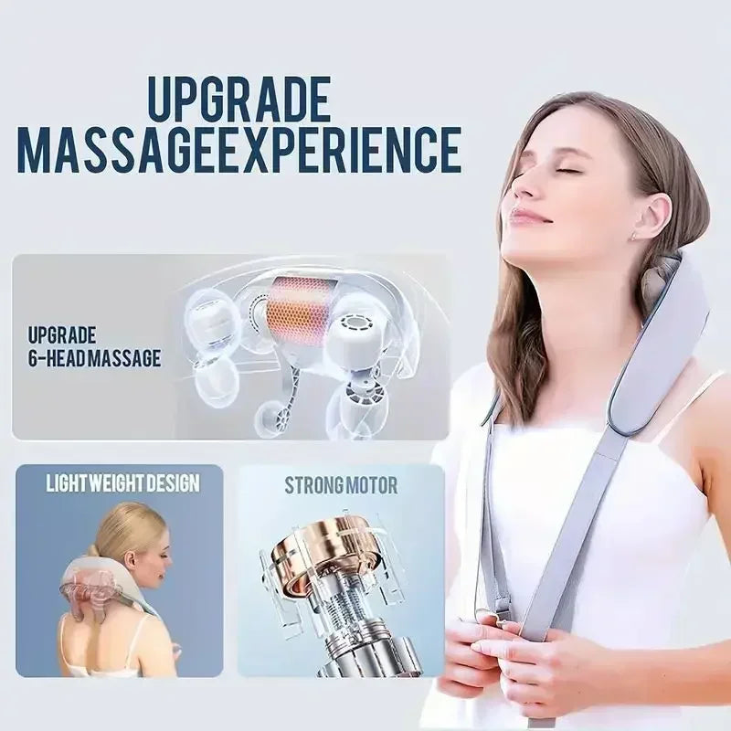 Nutshell 3D kneading neck massager with heat gray wearable wrap showing 6 head nodes and woman relaxing