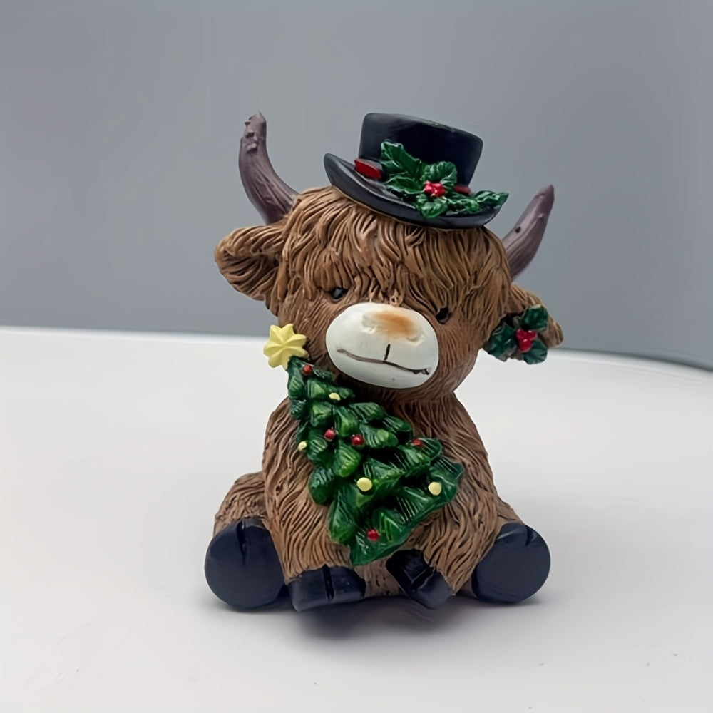 Cute Christmas Highland cow decor with festive hat and tree decorations for holiday celebrations