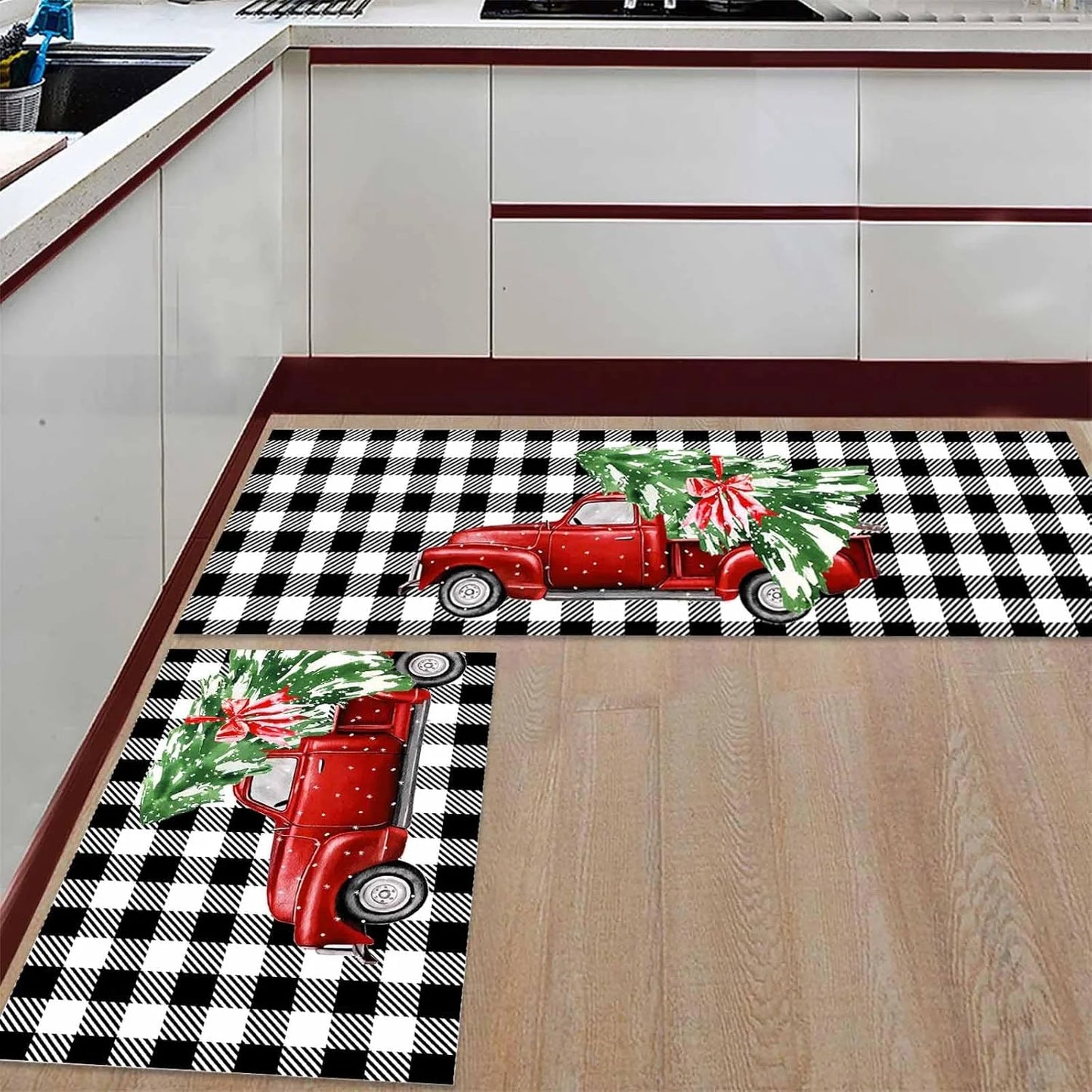 Christmas Kitchen Non-Slip Rugs featuring a festive red truck with Christmas trees on a black and white checkered pattern