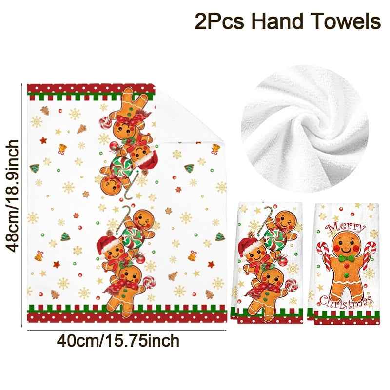 Set of Christmas Kitchen Towels featuring festive gingerbread designs and cheerful holiday colors