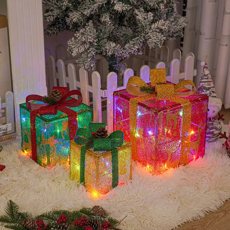 Colorful Christmas light up gift boxes with bows and lights, perfect for holiday decorating