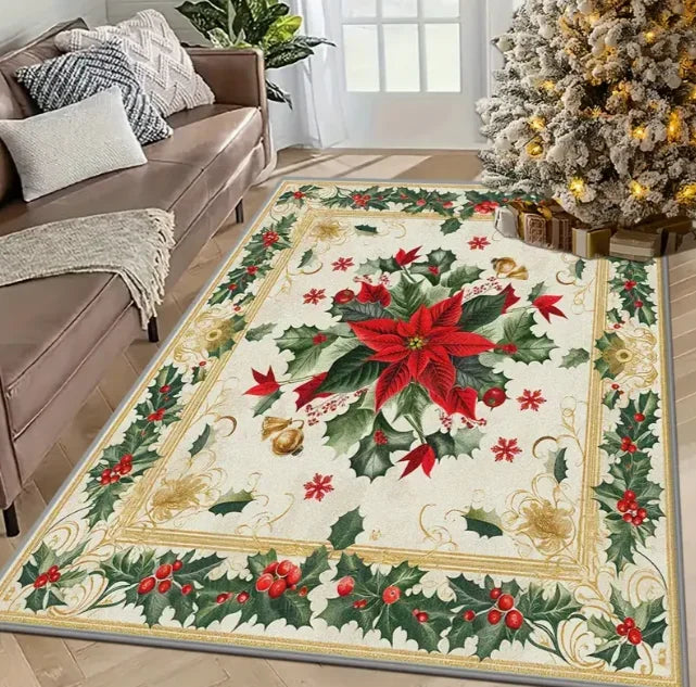 Festive Christmas rug featuring poinsettias and holly, perfect for holiday home decoration