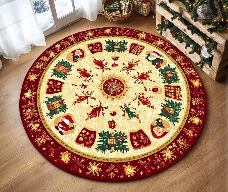 Christmas Tree Round Rug featuring festive designs and vibrant colors for holiday decoration