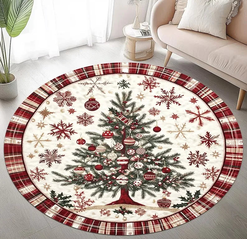 Christmas Tree Round Rug with festive tree design and red plaid border for holiday decor