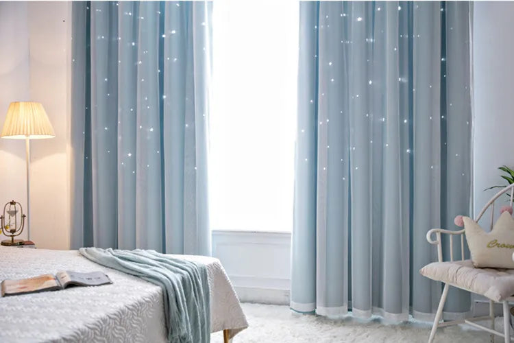 Nutshell Double Layer Sheer Star Curtains in blue bedroom window filtering light with subtle star sparkle