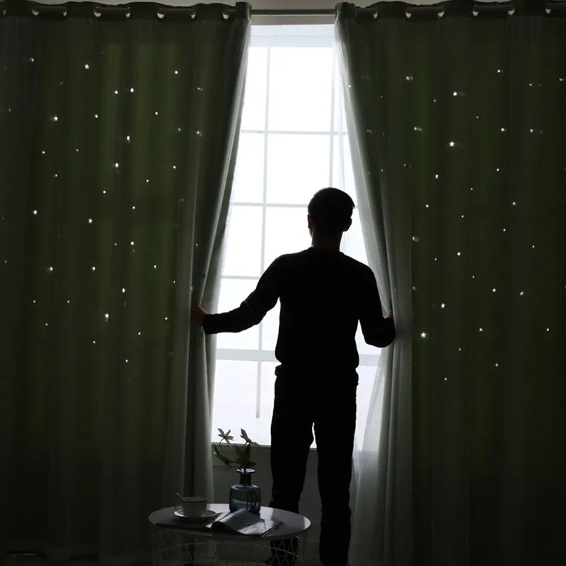 Nutshell Double Layer Sheer Star Curtains dark green with star light holes and silhouette opening at bright window