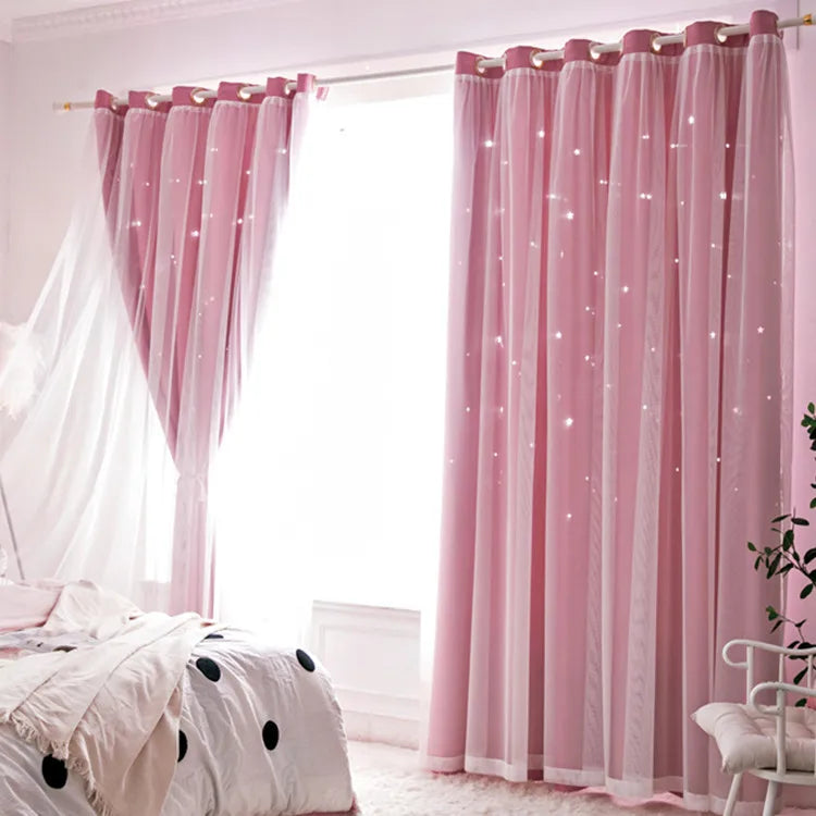 Nutshell pink Double Layer Sheer Star Curtains with grommet top in cozy bedroom scene
