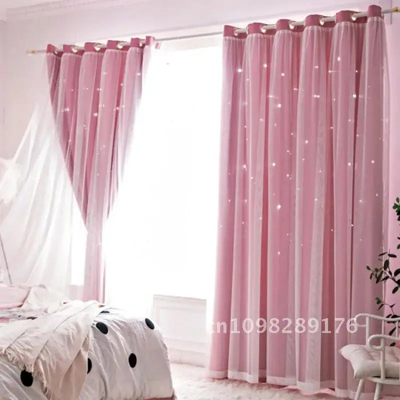 Nutshell Double Layer Sheer Star Curtains pink bedroom panels with grommet top light filtering sheer star overlay