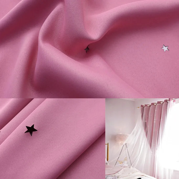 Nutshell Double Layer Sheer Star Curtains pink blackout panel with white sheer overlay and scattered star accents