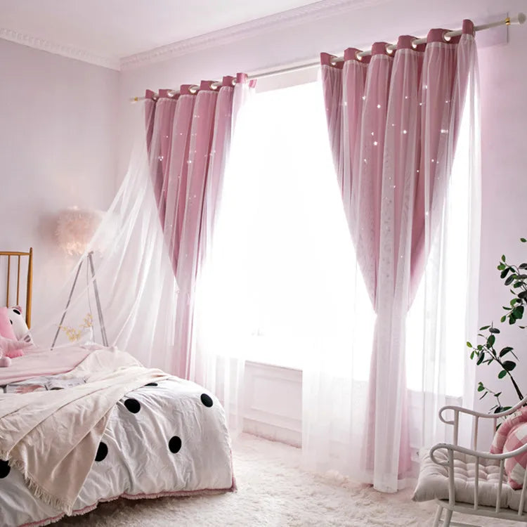 Nutshell Double Layer Sheer Star Curtains pink grommet top layered bedroom window with twinkle stars