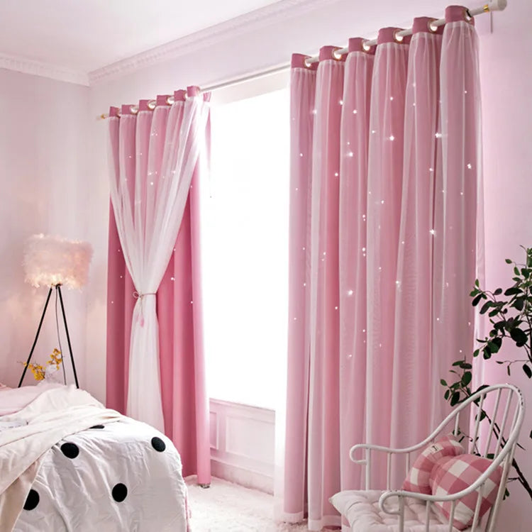 Nutshell pink bedroom window with Double Layer Sheer Star Curtains pink panels and white sheer inner layer on grommet rod