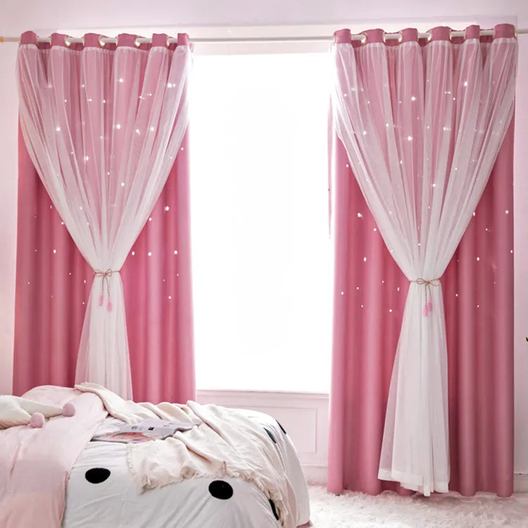 Nutshell Double Layer Sheer Star Curtains pink blackout panels with starry sheer overlay tied back in bedroom