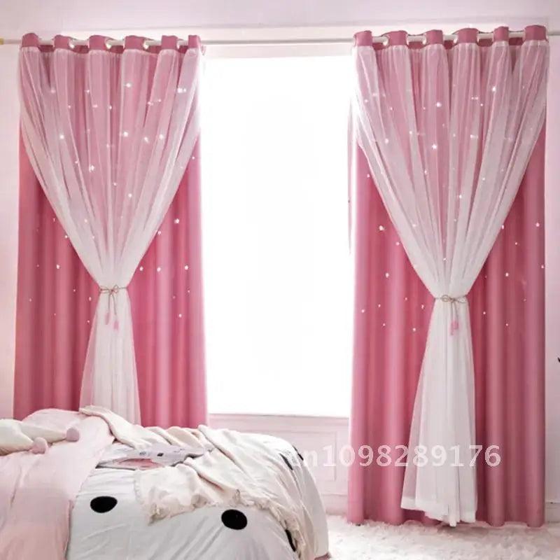 Nutshell Double Layer Sheer Star Curtains in pink with white star sheers and blackout panels tied back