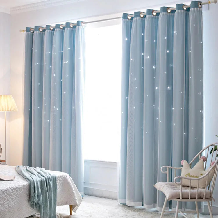 Nutshell Double Layer Sheer Star Curtains light blue bedroom drapes with sheer star layer for privacy and twinkle effect