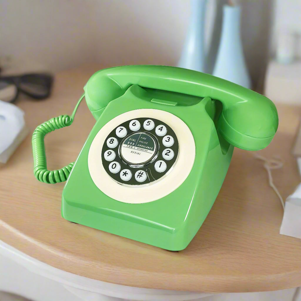 Nutshell Corded Retro Phone in Green with Classic Rotary Dial and Coiled Handset