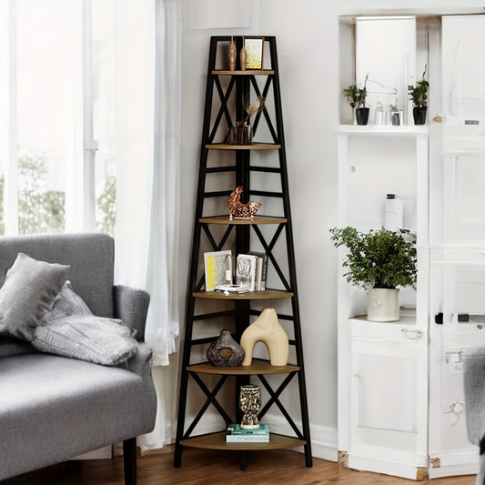 6-Tier Rustic Brown Corner Bookshelf for stylish space-saving storage and decor