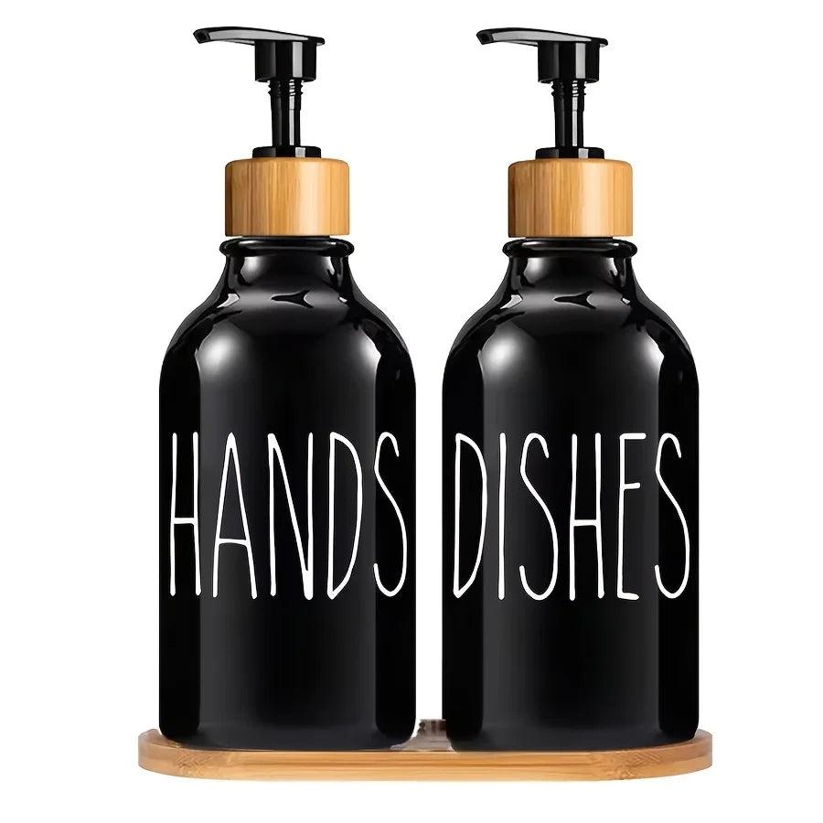 Nutshell black countertop soap dispenser set with wooden pump tops labeled hands and dishes