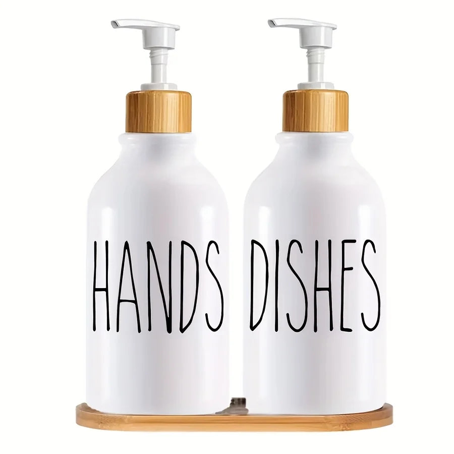 Nutshell countertop soap dispenser set with white bottles labeled hands and dishes on bamboo tray