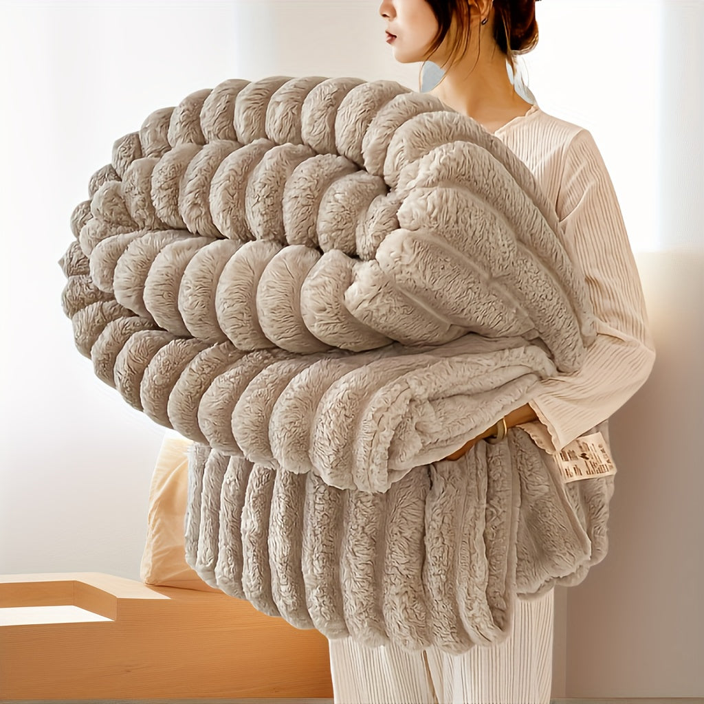 Nutshell luxury faux fur throw blanket in taupe held by woman oversized plush soft home decor
