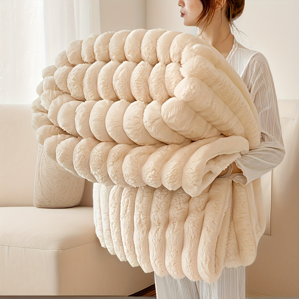 Nutshell luxury faux fur throw blanket in cream held by woman in cozy living room setting