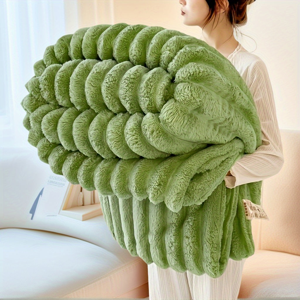 Nutshell luxury faux fur throw blanket in sage green plush ribbed texture oversized cozy home decor