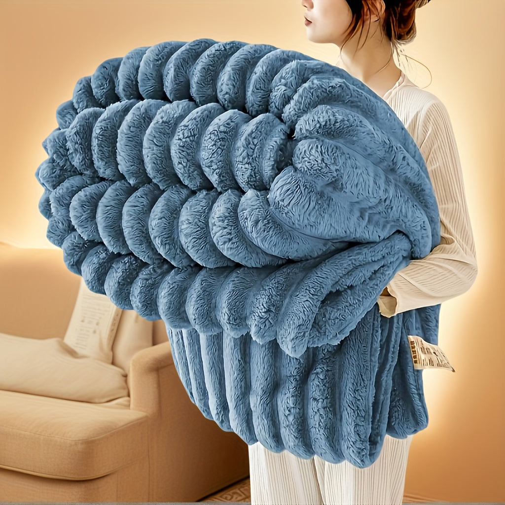 Nutshell luxury faux fur throw blanket in blue shown folded and draped over arms in cozy living room