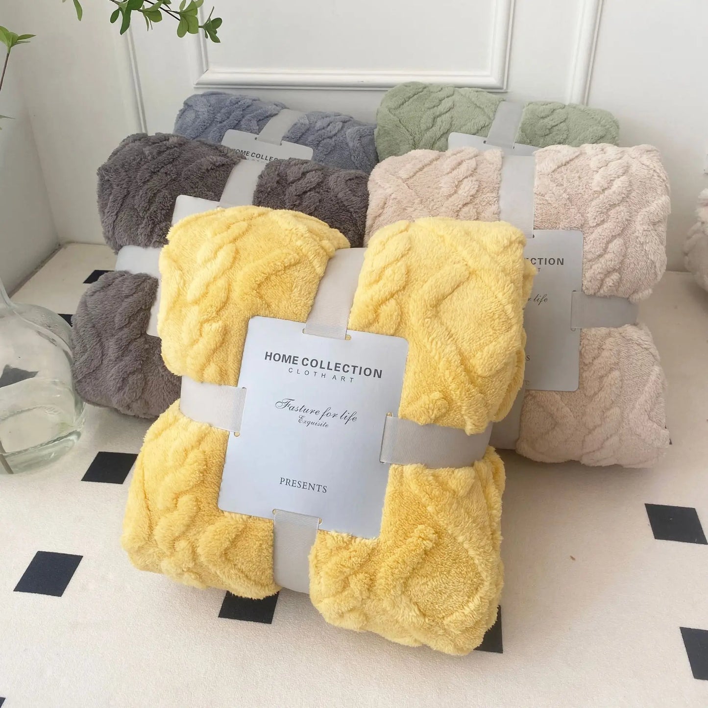 Nutshell plush cable knit blankets in assorted colors with yellow front fold warm sofa throw blanket for cozy living rooms