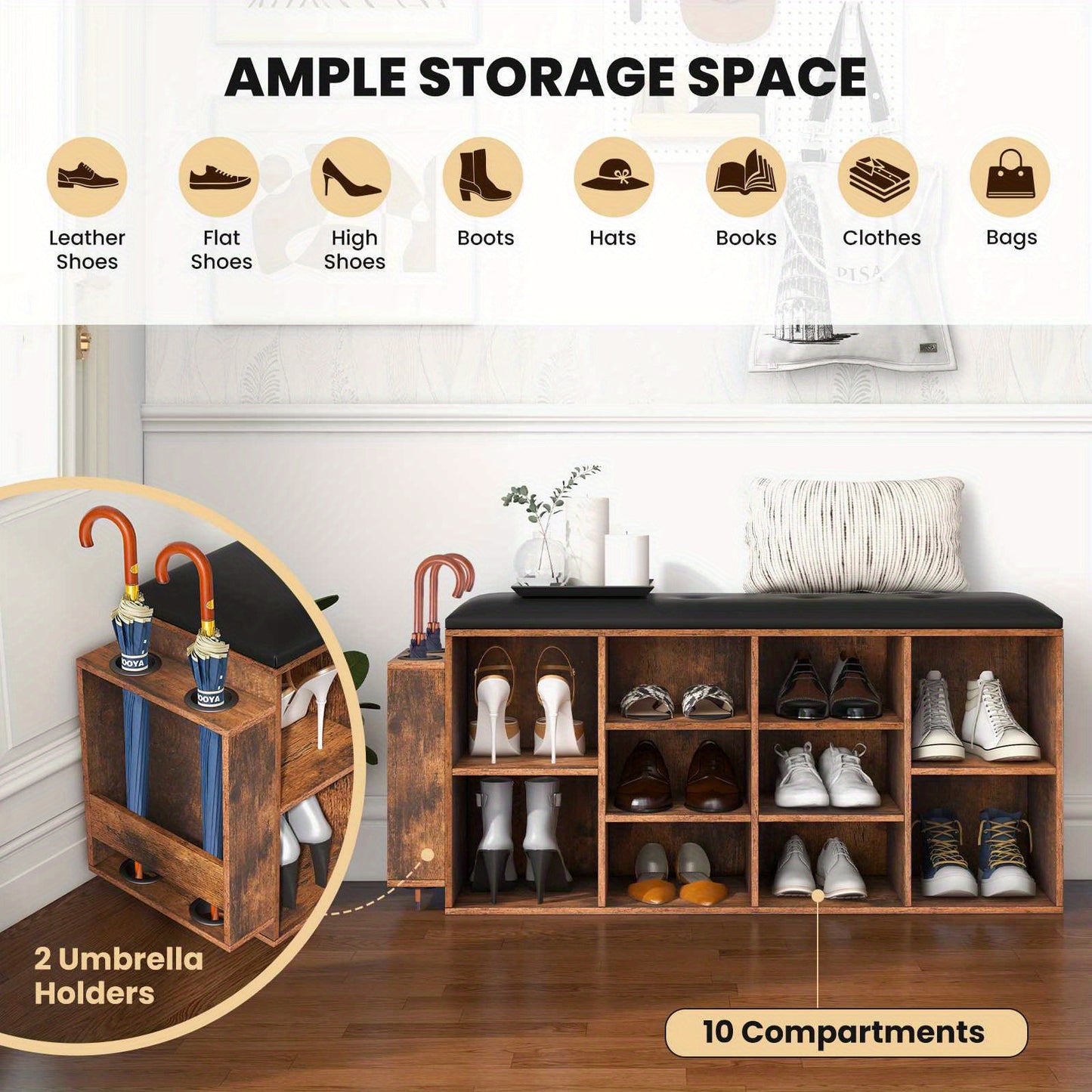 Nutshell cushioned shoe rack bench with ample storage and umbrella holders for organized entryways