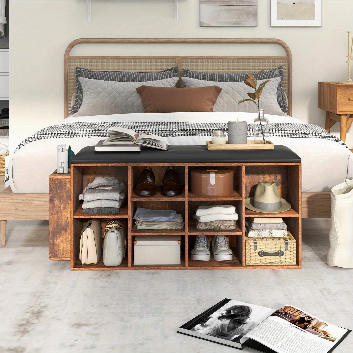 Stylish cushioned shoe rack bench with storage compartments, perfect for organizing shoes and accessories