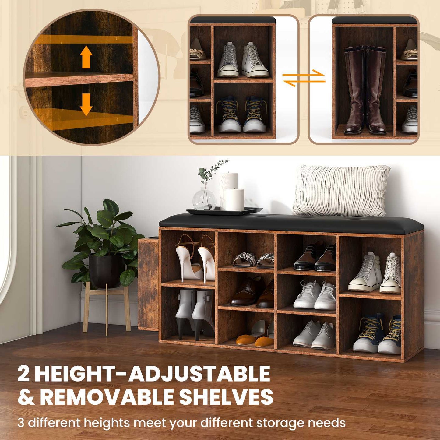 Nutshell cushioned shoe rack bench with height-adjustable shelves for versatile shoe storage