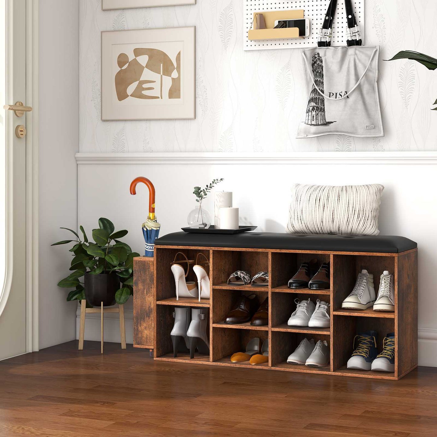 Nutshell cushioned shoe rack bench with storage compartments for shoes in a stylish entryway