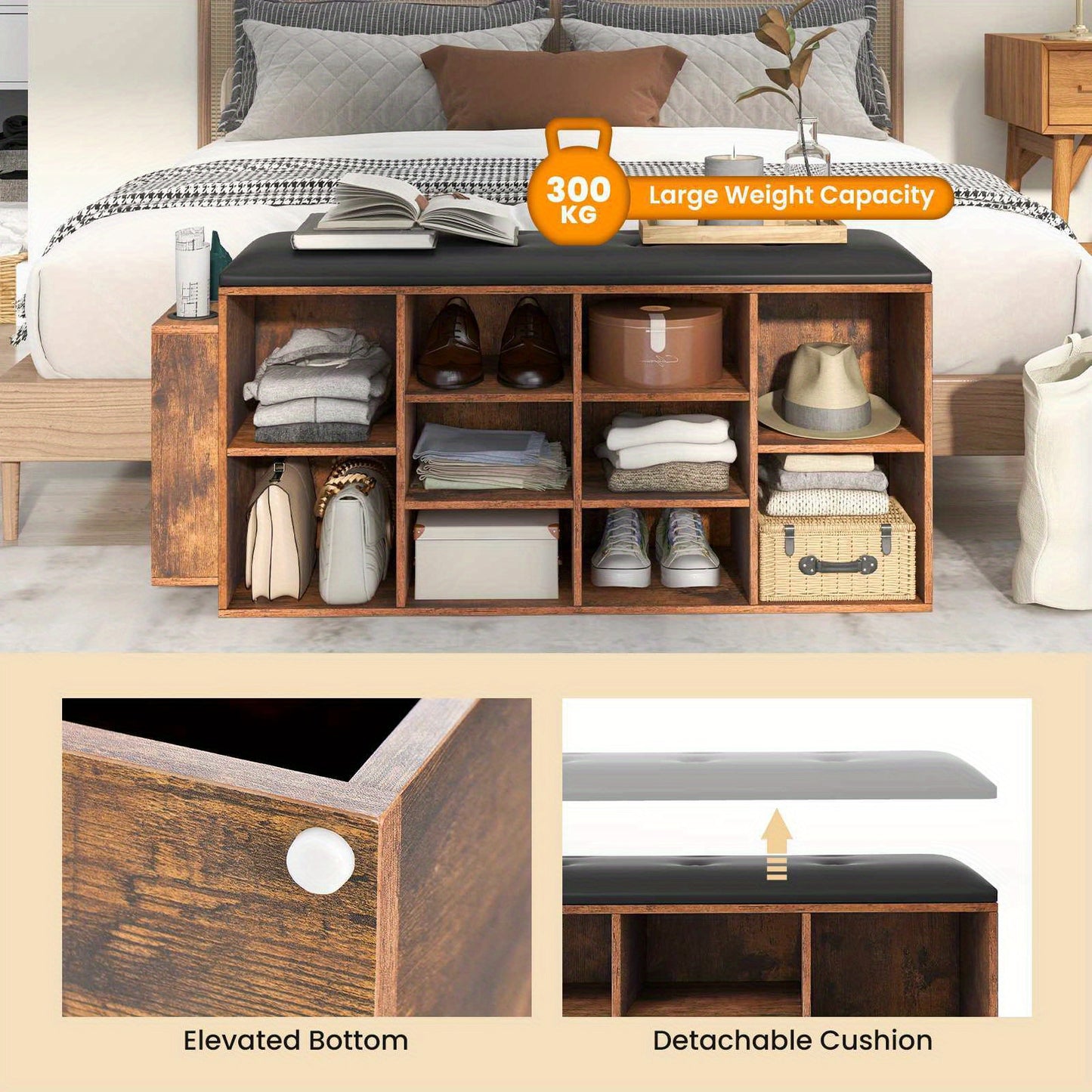 Nutshell cushioned shoe rack bench with multiple compartments and large weight capacity of 300 kg